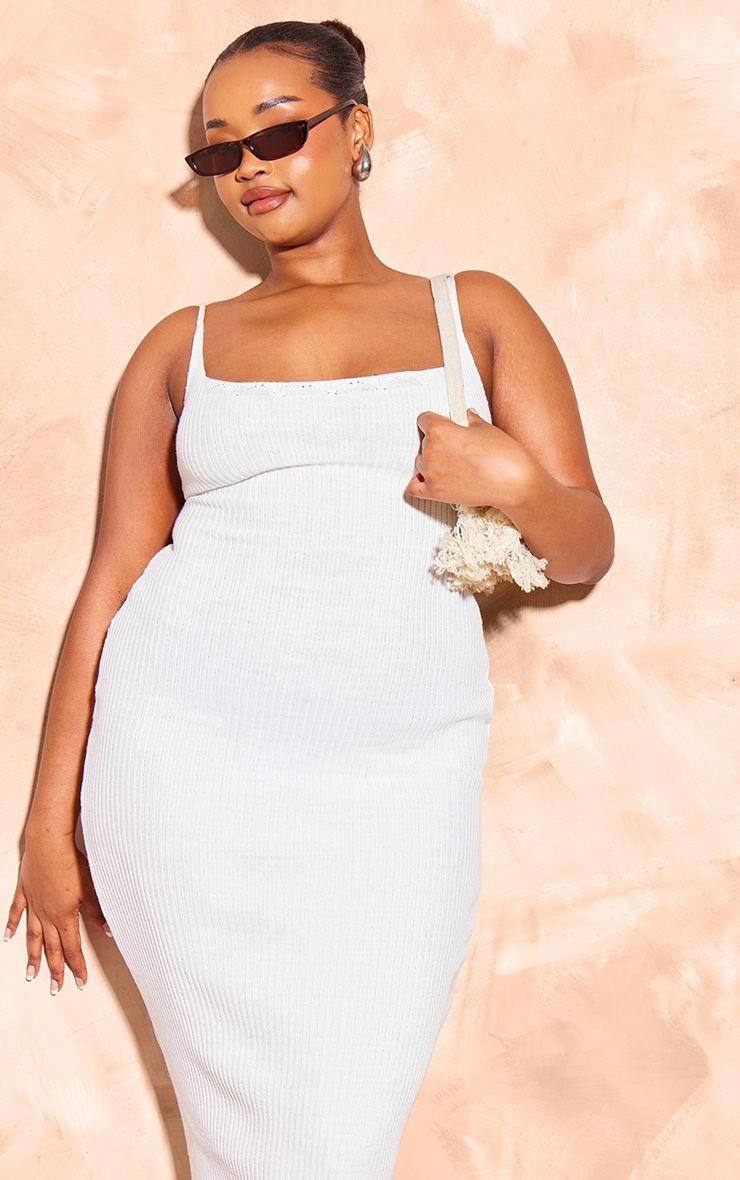 Plus Cream Knitted Ribbed Edge Detail Midi Dress
