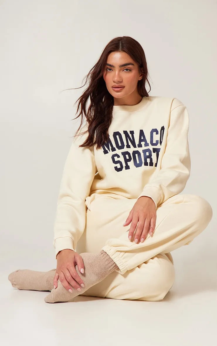 Cream Monaco Sports Embroidered Sweatshir