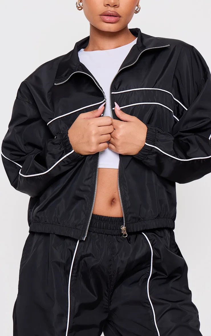Petite Black Contrast Piping Shell Track Jacket and Trouser Set