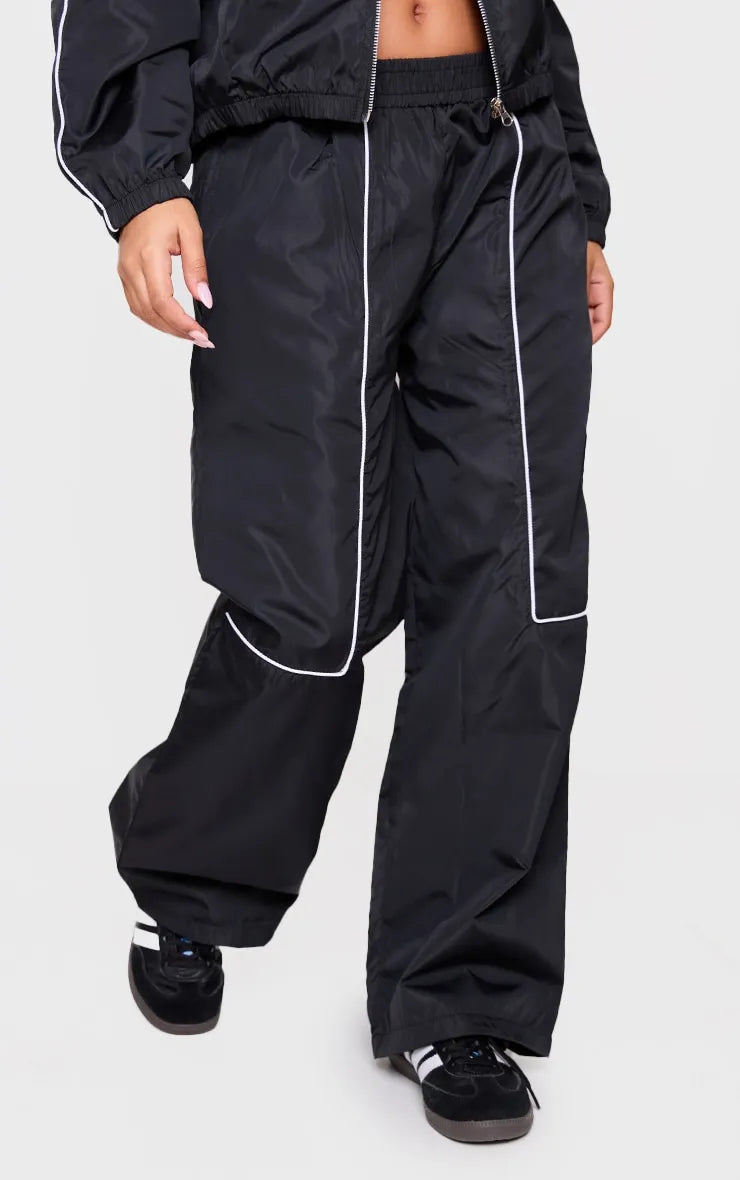 Petite Black Contrast Piping Shell Track Jacket and Trouser Set