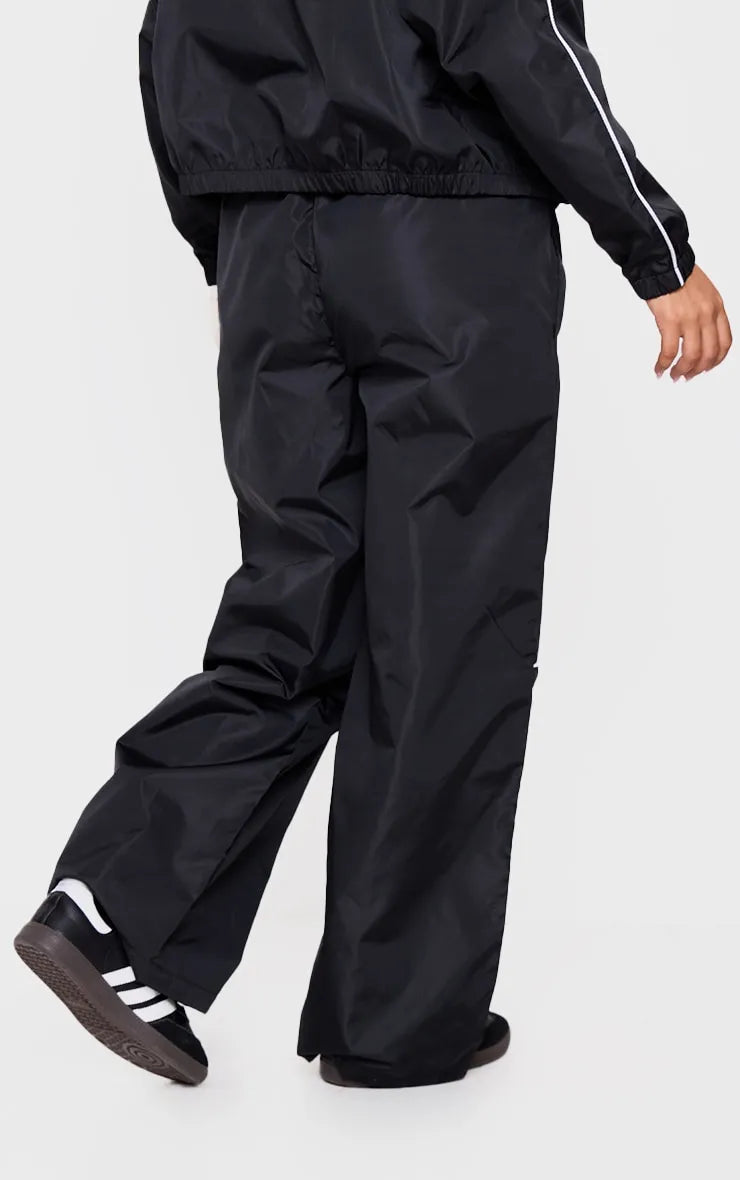 Petite Black Contrast Piping Shell Track Jacket and Trouser Set