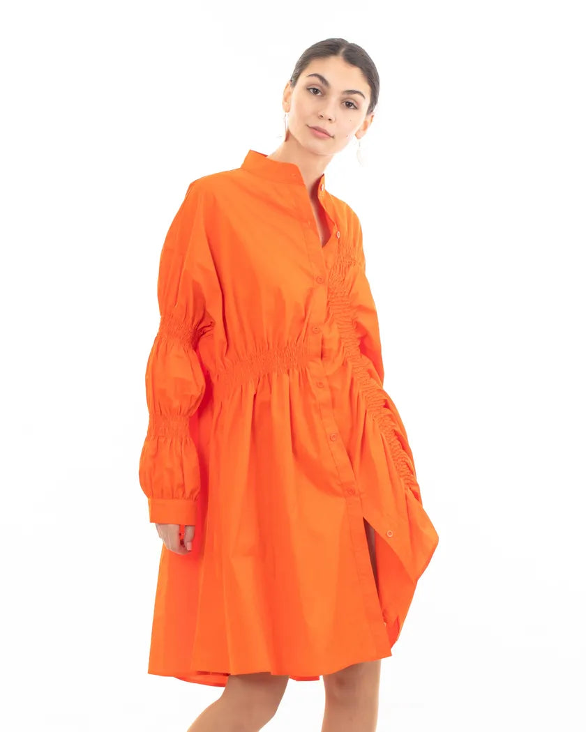 Asymmetry with Elasticated design cotton blend shirt dress Orange
