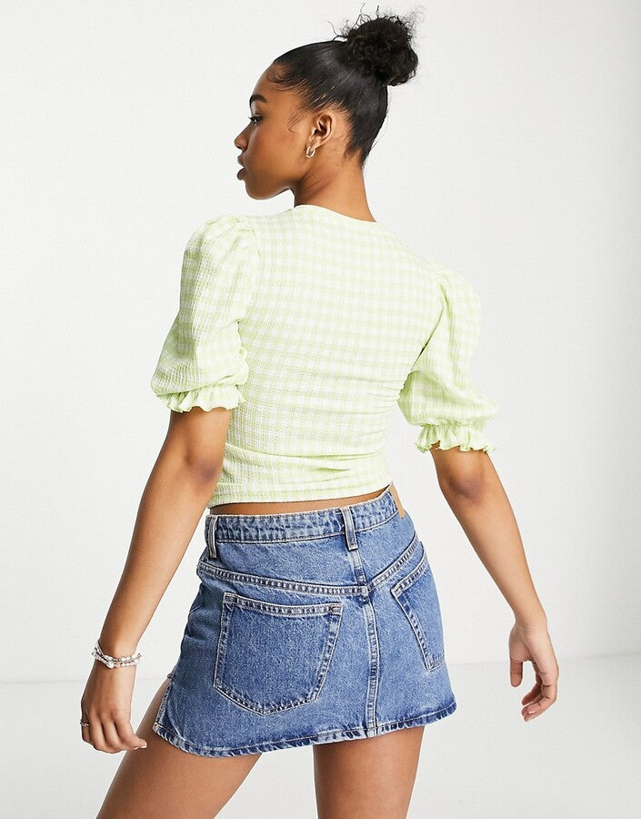 Monki puff sleeve top in green gingham