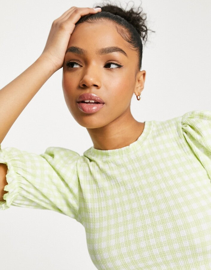 Monki puff sleeve top in green gingham