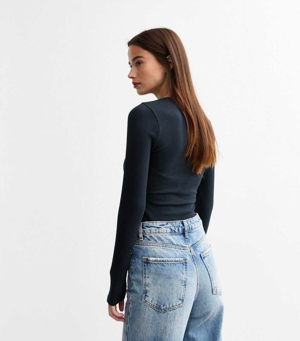 Navy Ribbed Cotton Blend Crew Neck Bodysuit