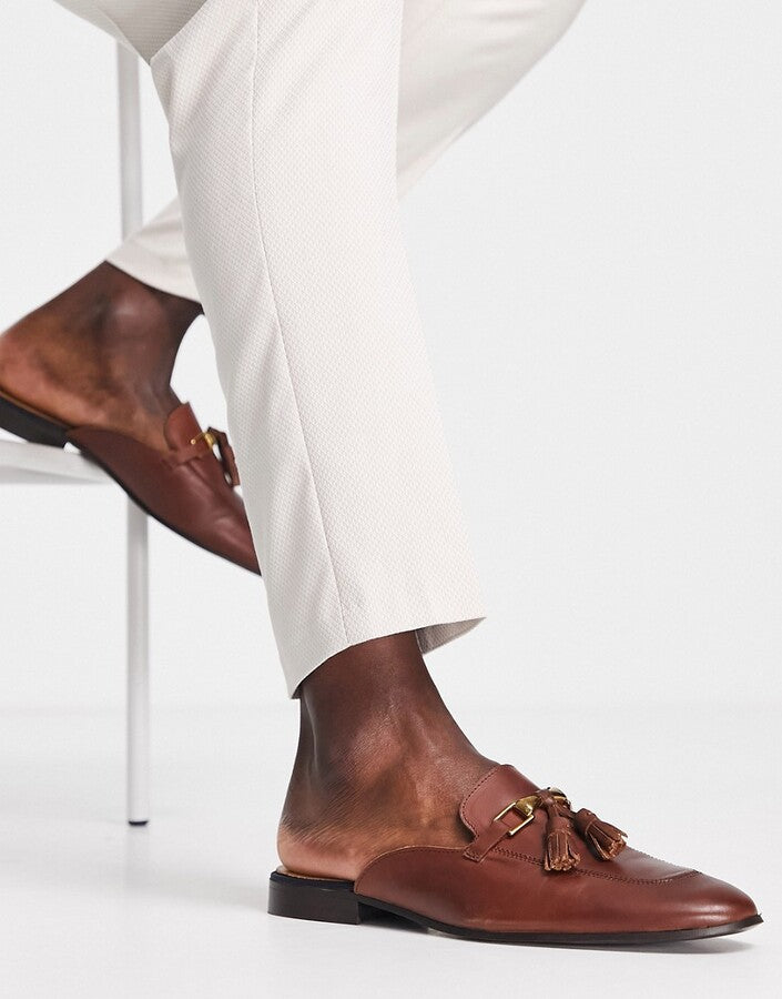 Noak Made in Portugal Mule Loafers With Snaffle Tassel in brown leather