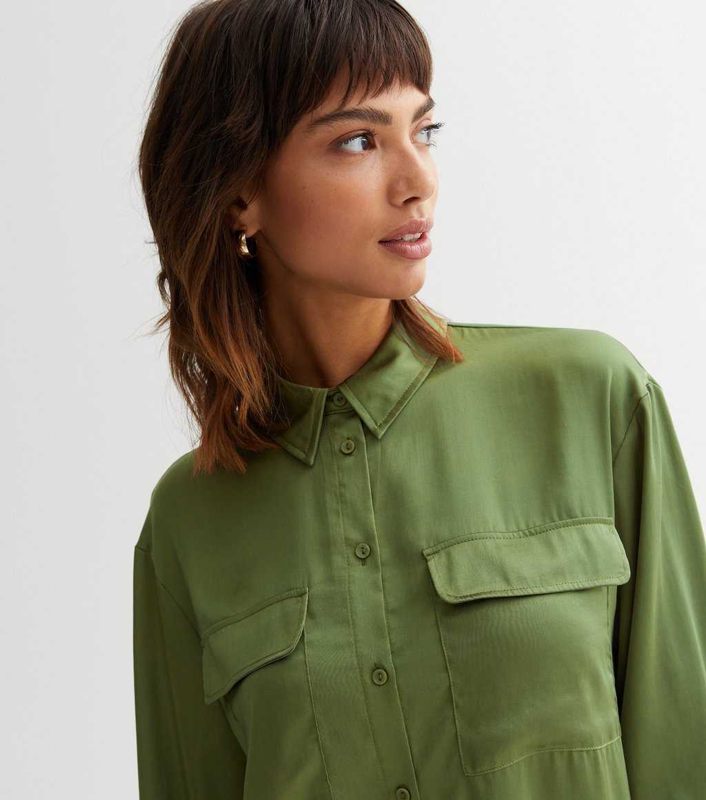 Olive Satin Utility Long Sleeve Shirt