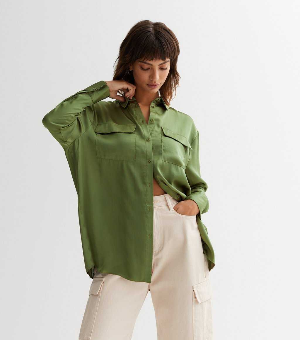 Olive Satin Utility Long Sleeve Shirt