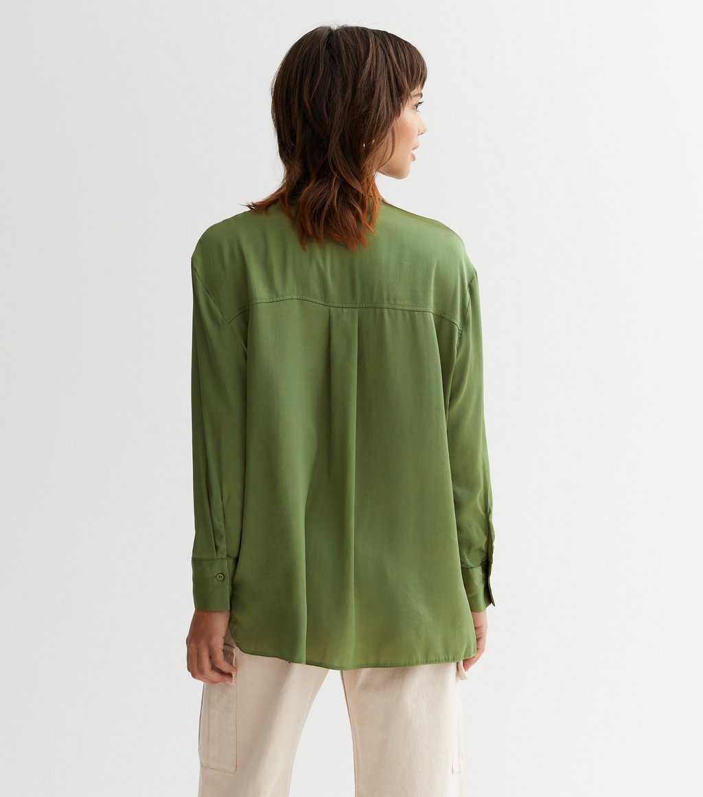 Olive Satin Utility Long Sleeve Shirt