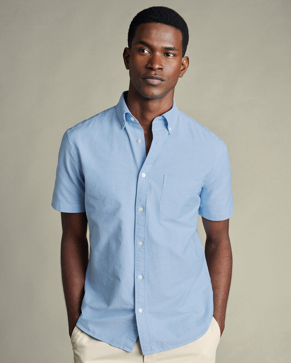 Button-Down Collar Washed Oxford Short Sleeve Classic Fit Shirt Blue