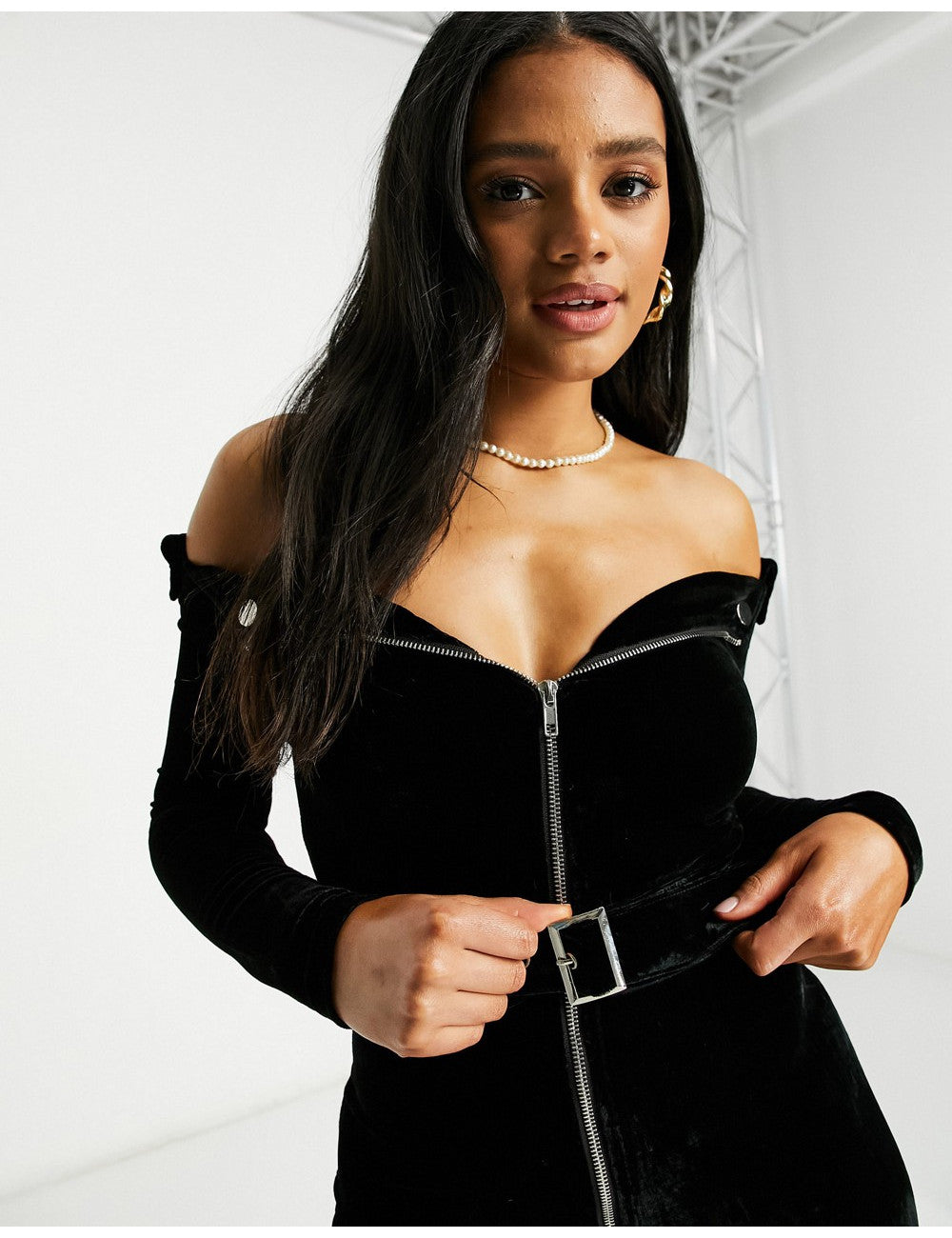 Off Shoulder Belt Detail Velvet Mini Dress in Black