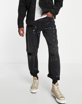 Rip And Paint Splat Relaxed Jeans In Washed Black