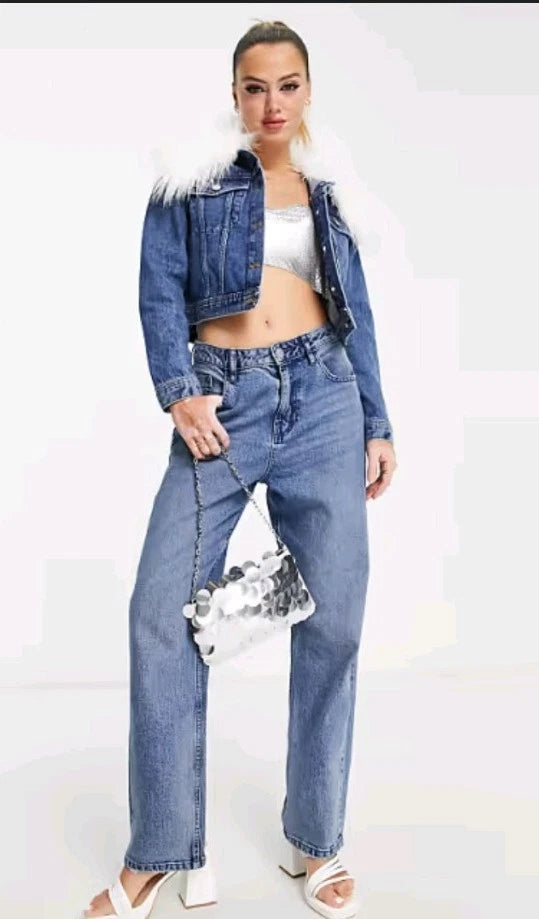 Miss Selfridge Fur Collar Denim Jacket In Dark Wash
