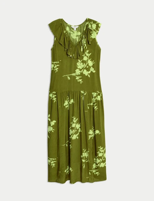 V Neck Frill Detail Midaxi Dress