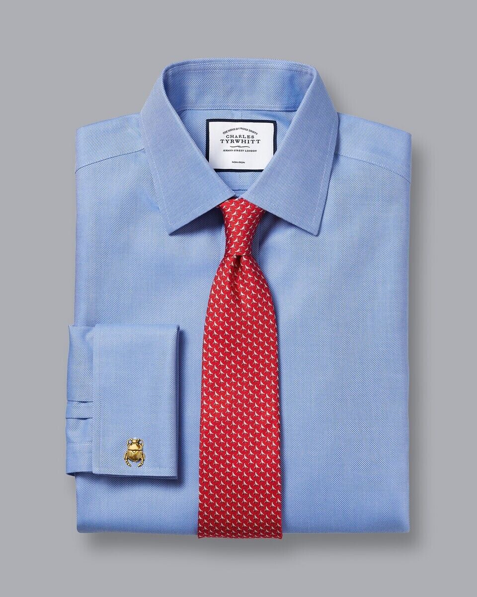 Slim Fit Herringbone Double Cuff Twill Shirt Blue