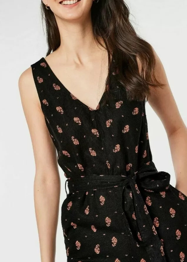 Black Floral Print Linen Blend Jumpsuit