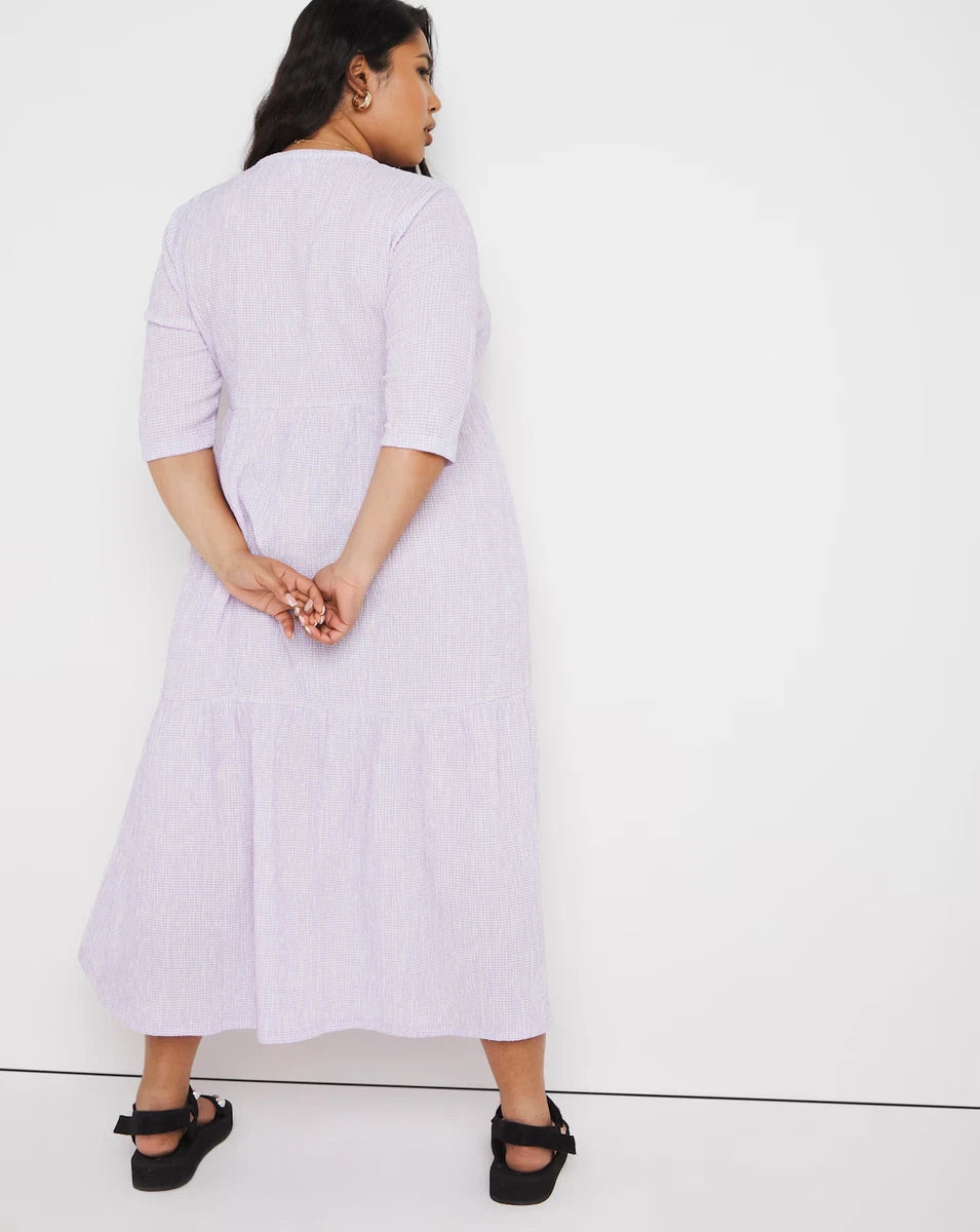 Lilac Gingham Waffle Tiered Midi Dress