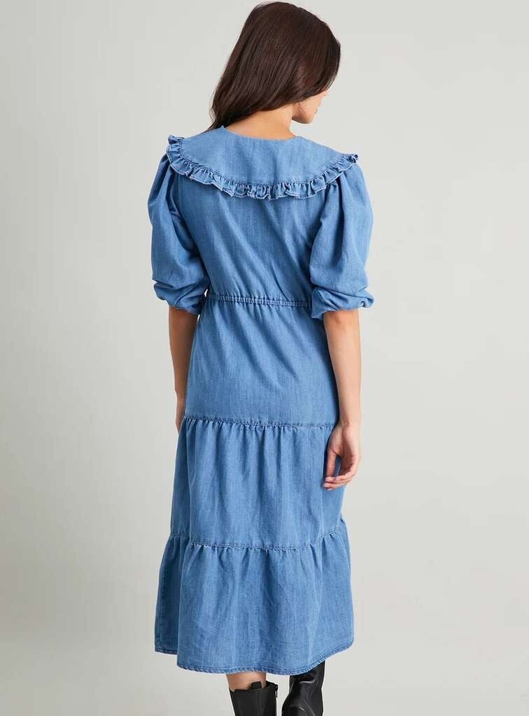 Denim Tiered Midi Button Front Dress