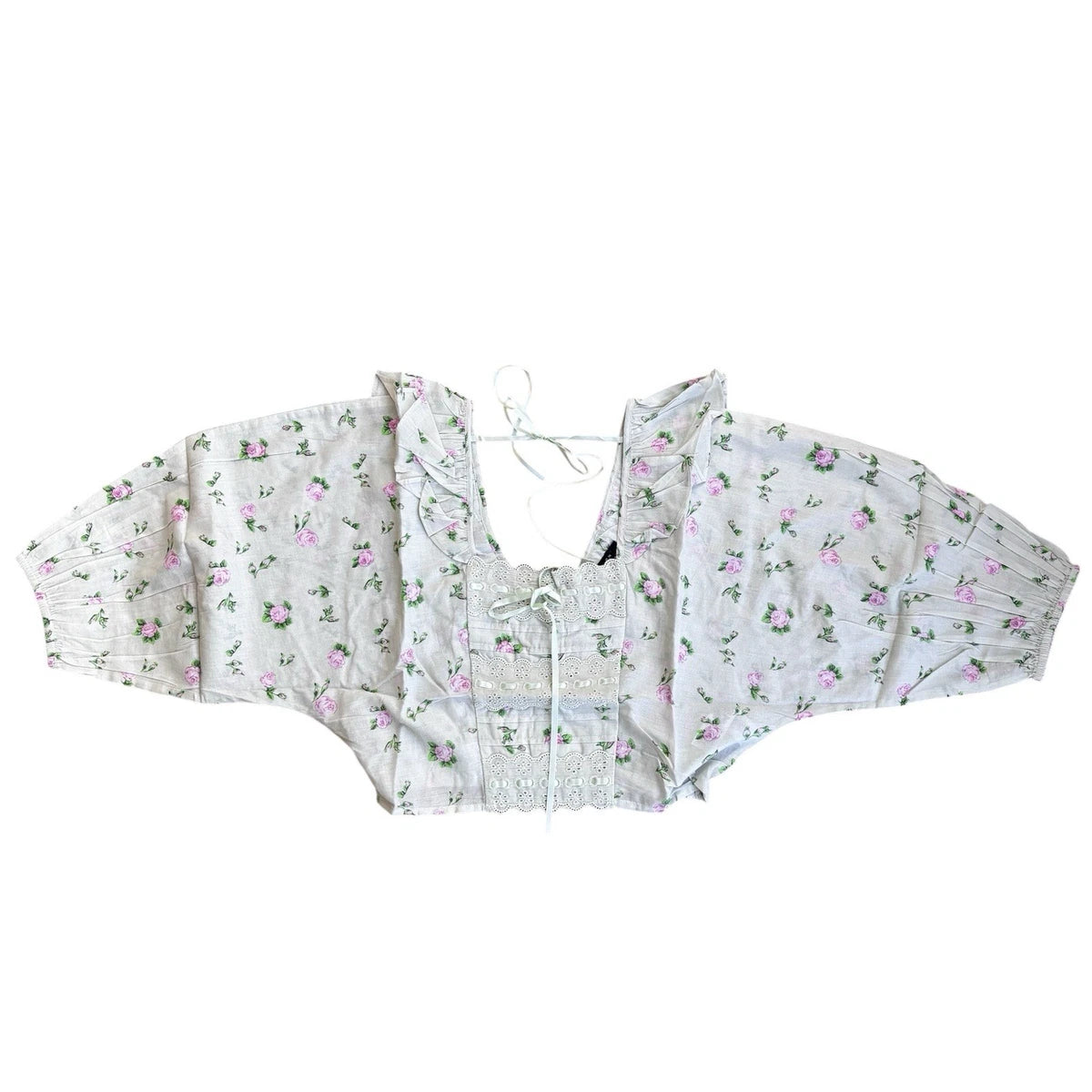 Square Neck Top With Frill Detail & Ribbon Insert in Pink Paisley Print