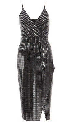 Black And Gunmetal Sequin Wrap Front Tie Belt Dress