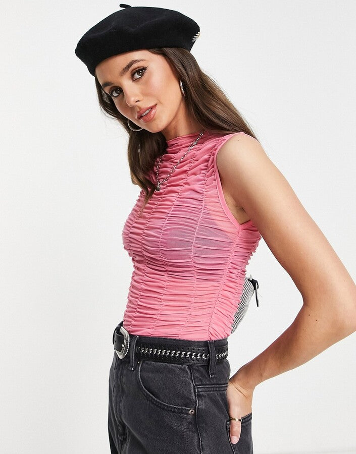 Tall ruched mesh tank top in pink