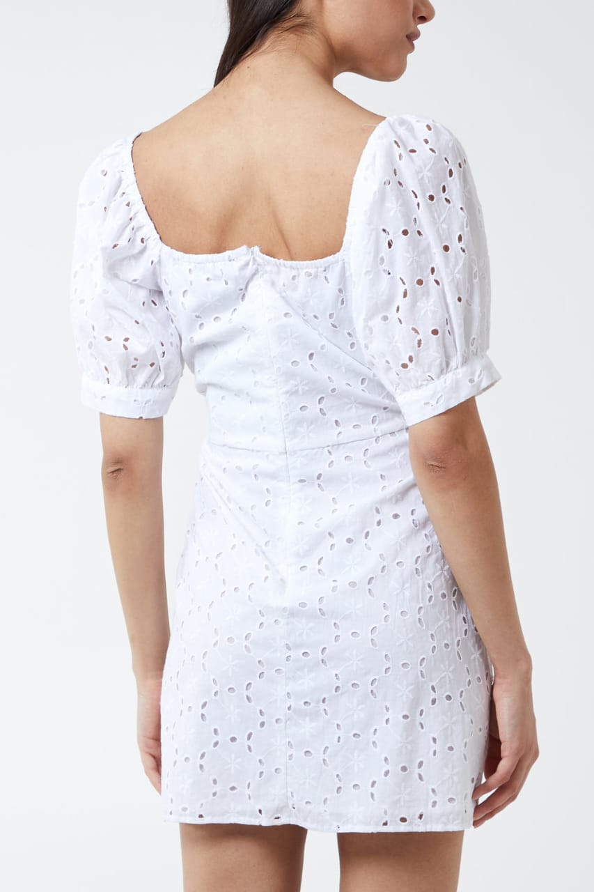 Puff Sleeve Ring Detail Embroidery Mini Dress