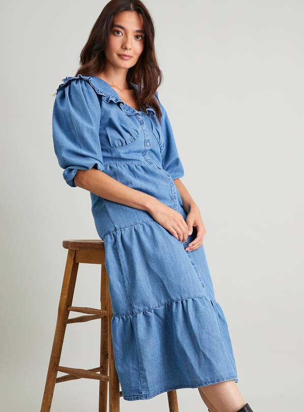 Denim Tiered Midi Button Front Dress