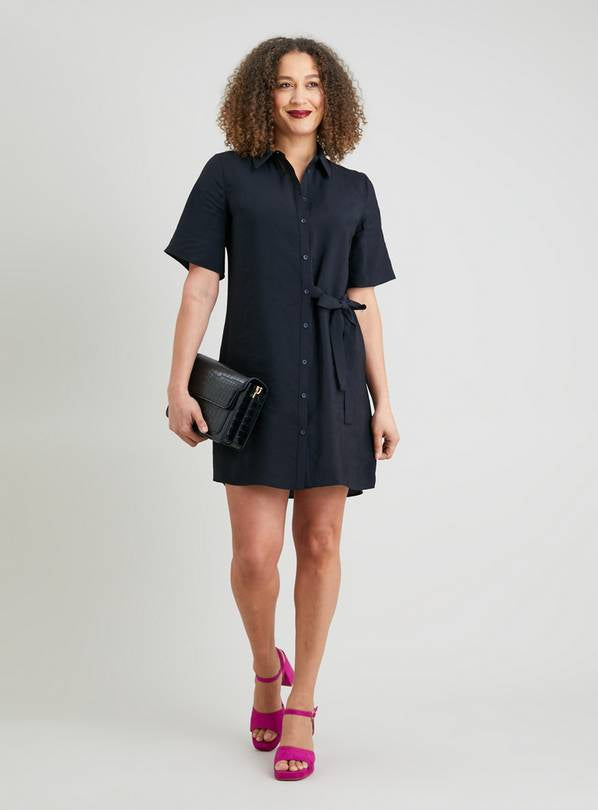 Black Khaki Tie Front Mini Shirt Dress