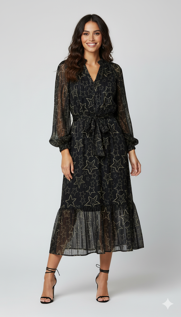 Black Star Print Sheer Midi Dress