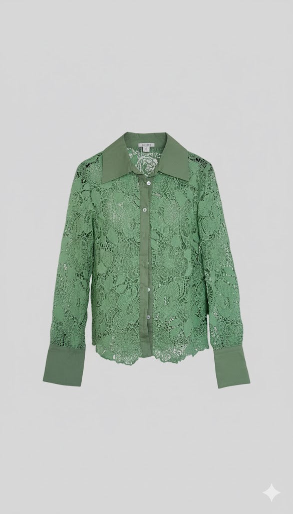 Premium Scallop Lace Collared Shirt Green