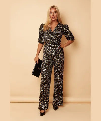 Fizz Black & Gold Frill Detail Wide Leg Jumpsuit