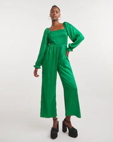 Green Jacquard Shirred Jumpsuit