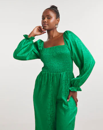 Green Jacquard Shirred Jumpsuit