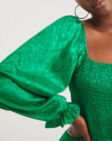 Green Jacquard Shirred Jumpsuit