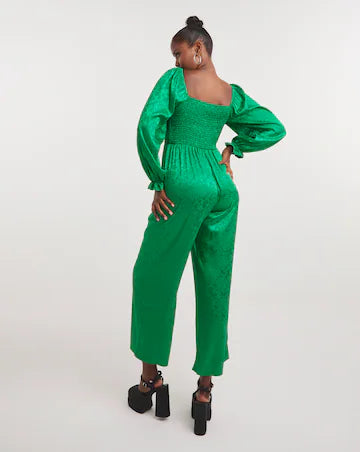 Green Jacquard Shirred Jumpsuit