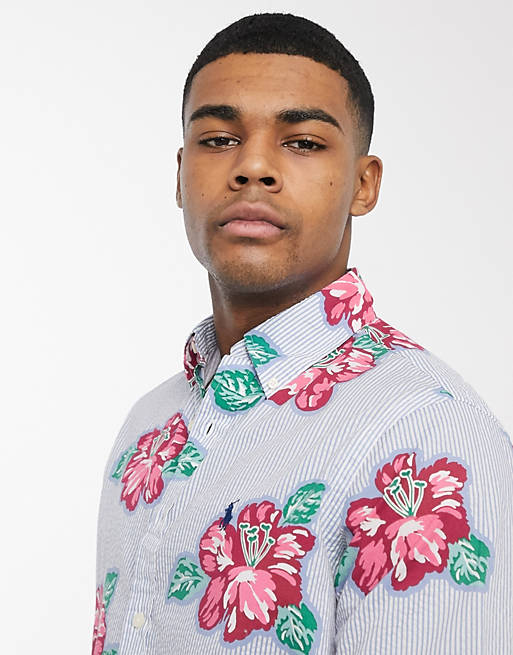 Floral Print Stripe Short Seersucker Shirt Cuban Collar Player
