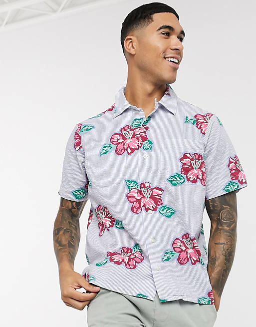 Floral Print Stripe Short Seersucker Shirt Cuban Collar Player