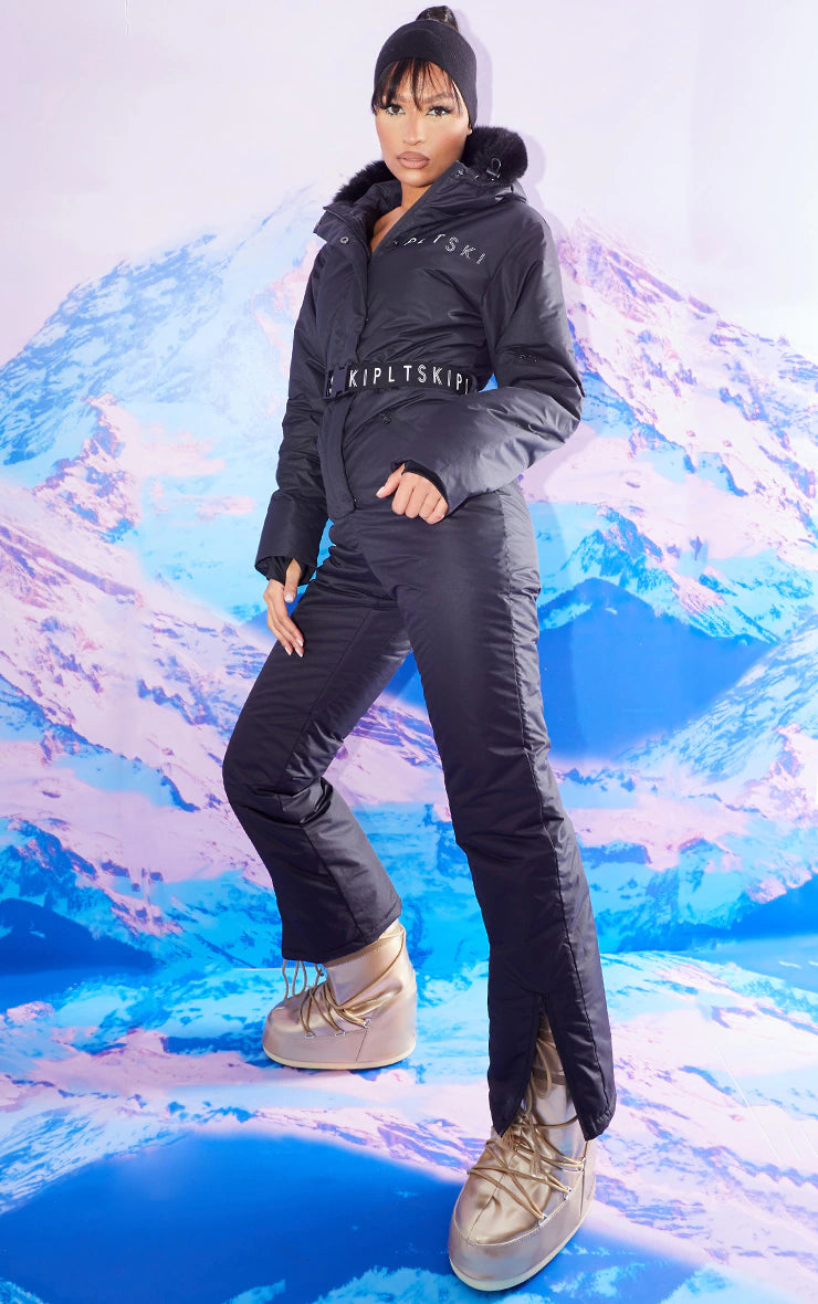 Ski Black Faux Fur Hooded Belted Snow Suit