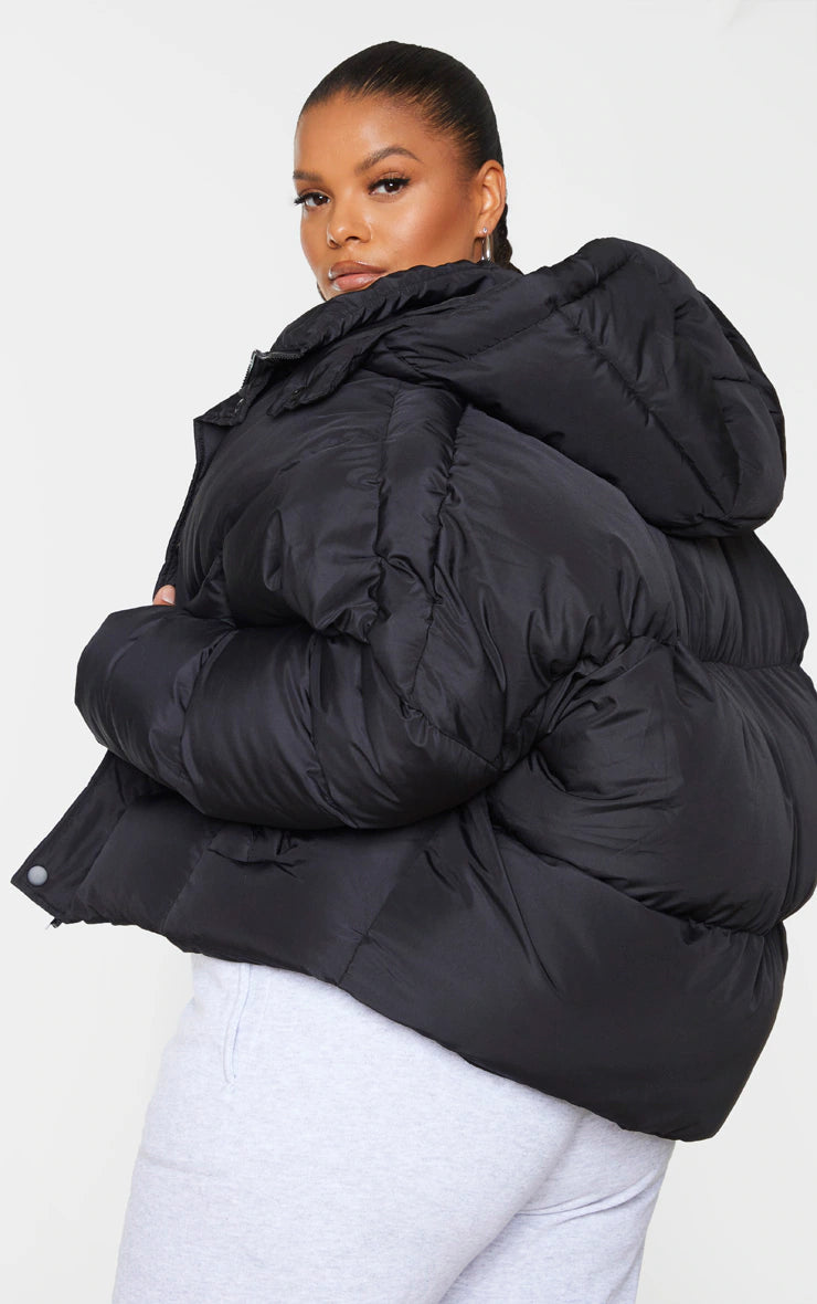 Plus Black Nylon Oversized Curved Panel Wadded Puffer Jacket