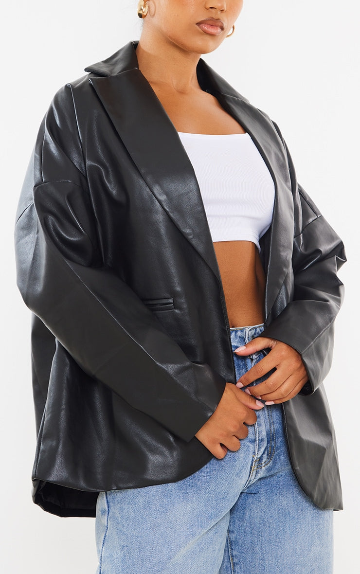 Black Faux Leather Drop Shoulder Oversized Dad Blazer