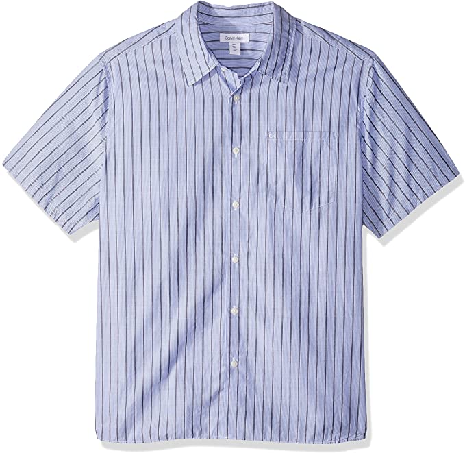 Men's Short-Sleeve Woven Button Down Stripe Shirt Blue