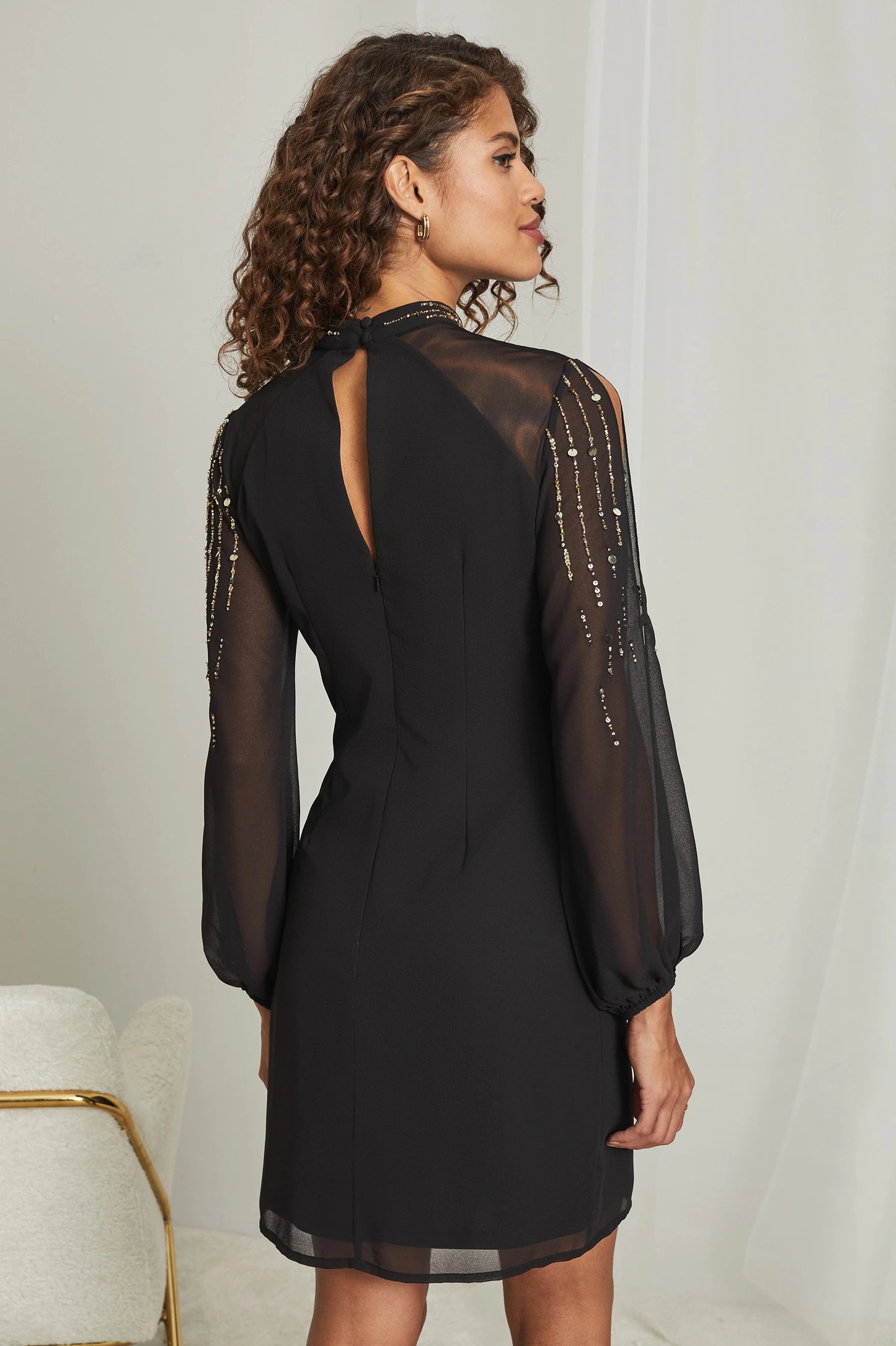 Embellished Longsleeve Shift Dress Black