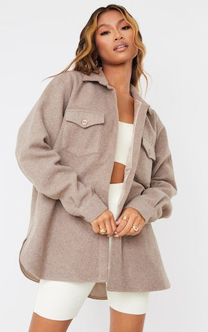 Beige Woven Longline Shacket