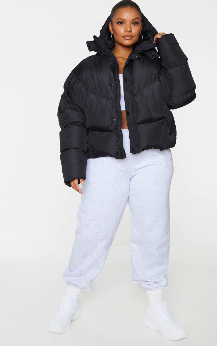 Plus Black Nylon Oversized Curved Panel Wadded Puffer Jacket