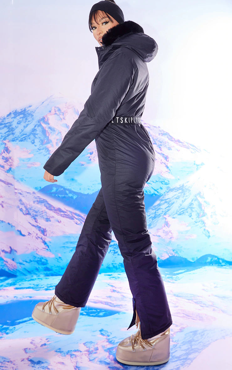 Ski Black Faux Fur Hooded Belted Snow Suit
