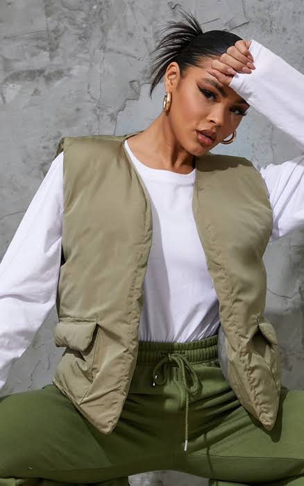 Pale Khaki Padded Pocket Front Gilet
