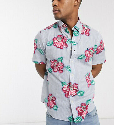 Floral Print Stripe Short Seersucker Shirt Cuban Collar Player