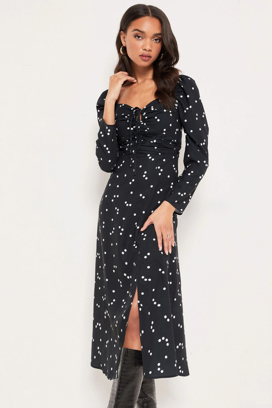 Black Spot Halterneck Split Front Dress