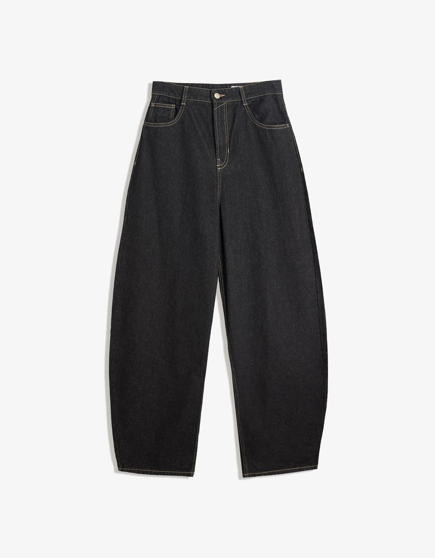 High-Waist Wide-Leg Barrel Jeans- Black