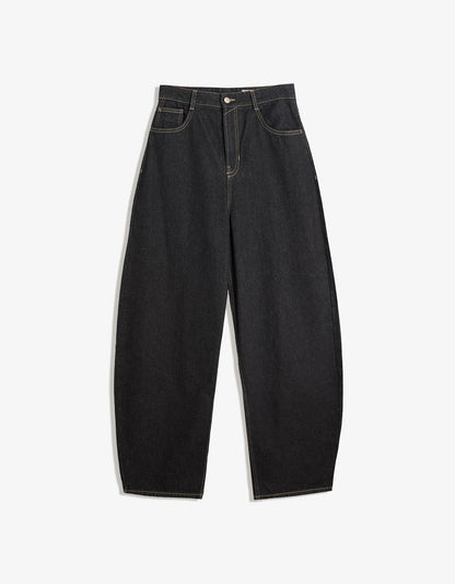 High-Waist Wide-Leg Barrel Jeans- Black